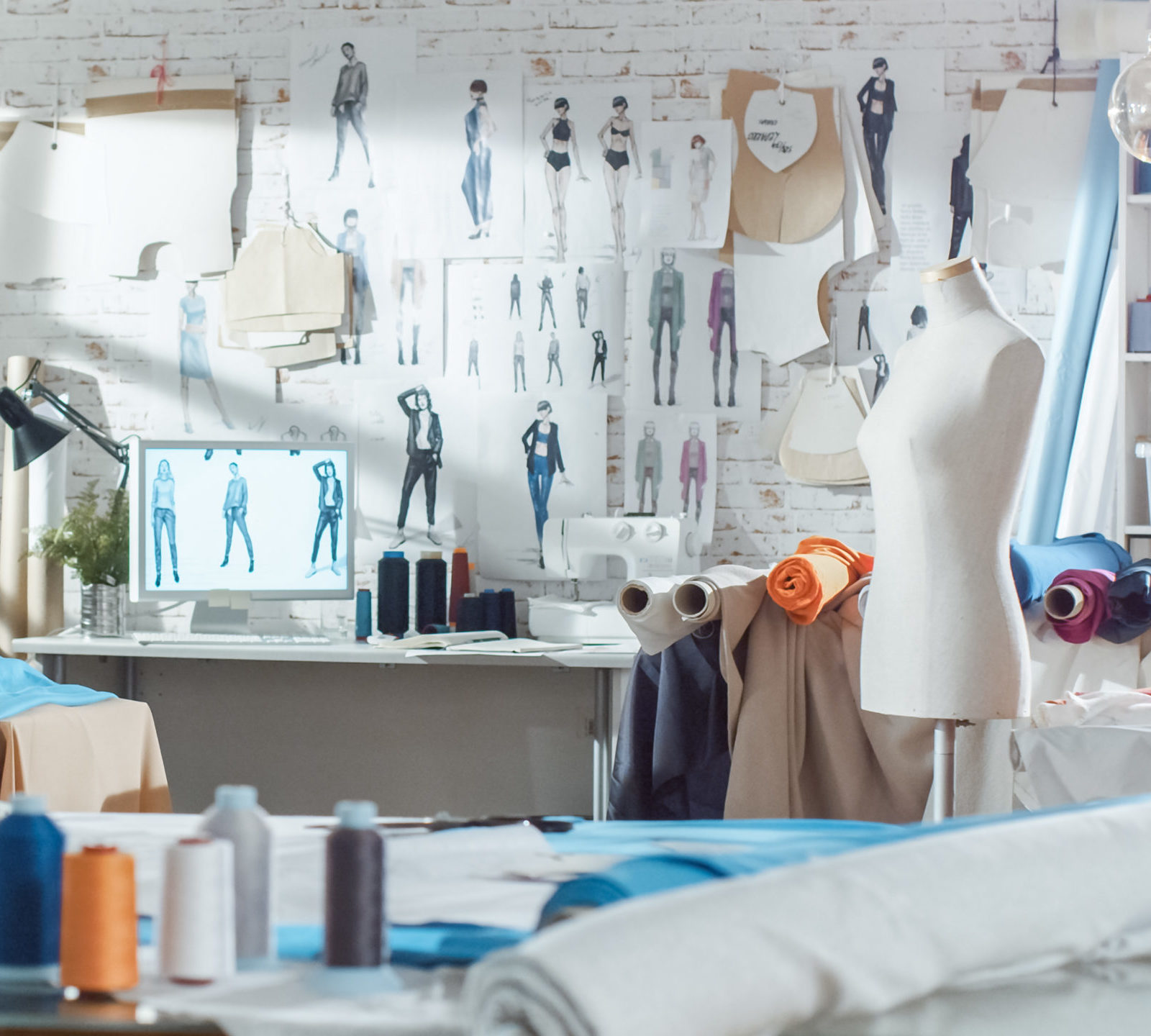 Atelier comportant des croquis réalisés à la main, un mannequin, une table de coupe